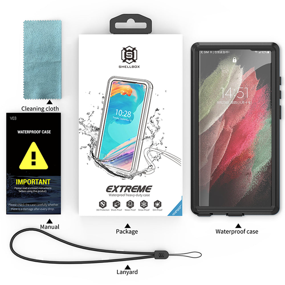 Capa à prova de água para Samsung Galaxy S23 Ultra S918, ShellBox, Preta