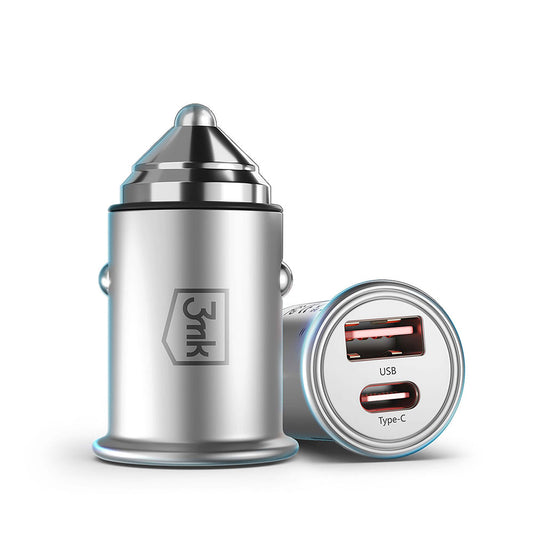 Carregador de isqueiro 3MK Hyper, 45W, 3A, 1 x USB-A - 1 x USB-C, prateado