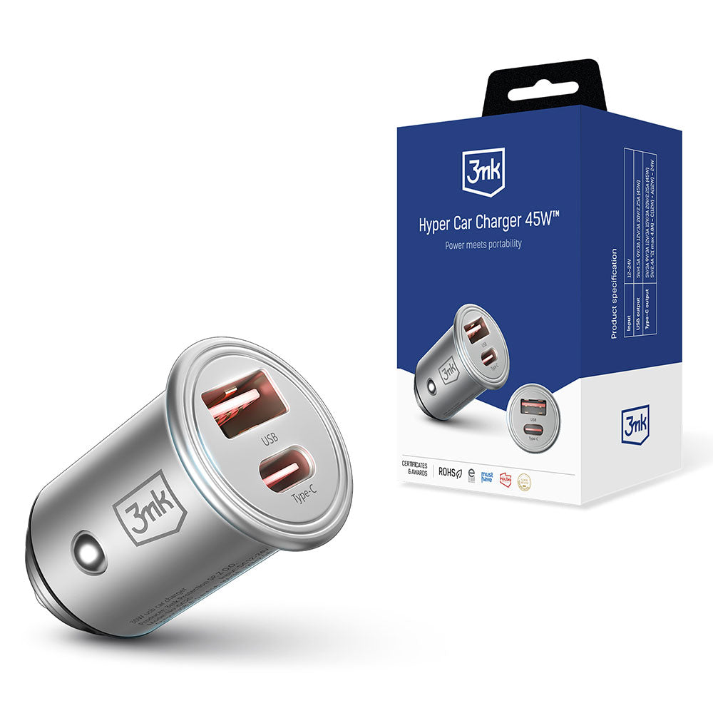 Carregador de isqueiro 3MK Hyper, 45W, 3A, 1 x USB-A - 1 x USB-C, prateado