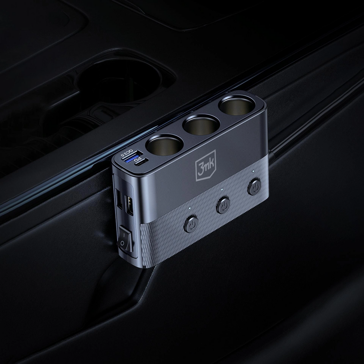 Carregador Automóvel 3MK Power Splitter, 120W, 3A, 3 x USB-A - 1 x USB-C - 3 x Extensão Isqueiro, Preto