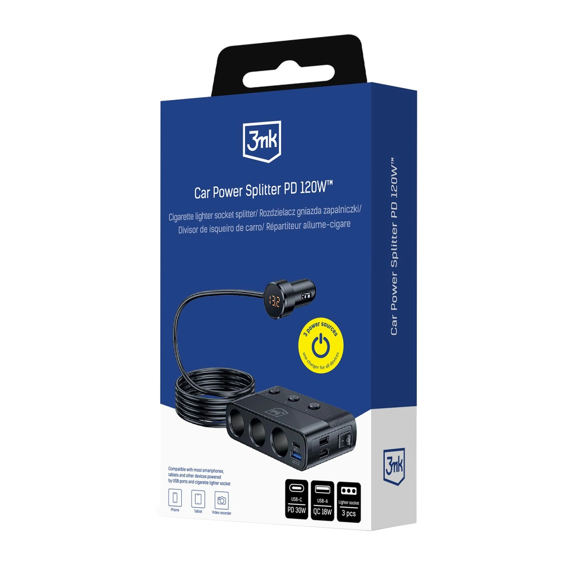 Carregador Automóvel 3MK Power Splitter, 120W, 3A, 3 x USB-A - 1 x USB-C - 3 x Extensão Isqueiro, Preto