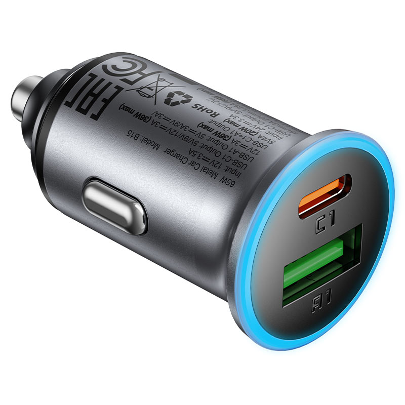 Carregador Auto Acefast B15, 65W, 3.25A, 1 X USB-A - 1 x USB-C, Cinzento