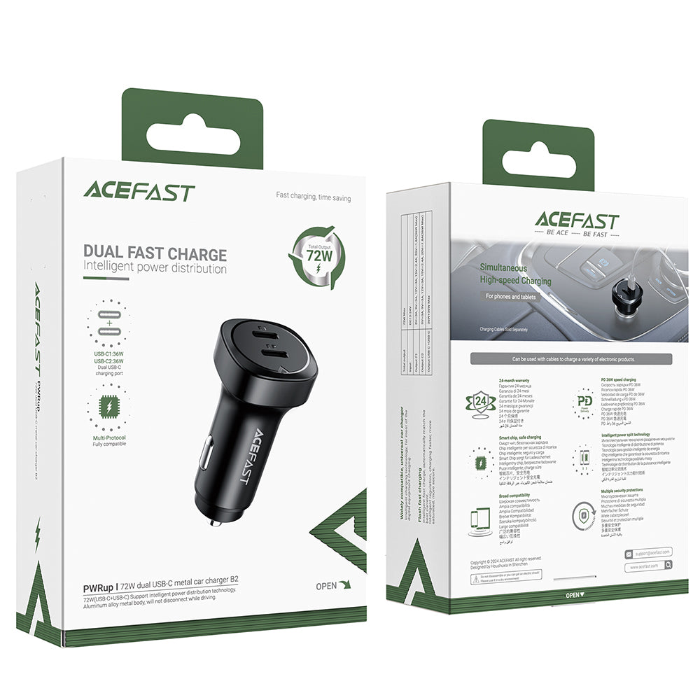 Carregador Auto Acefast B2, 72W, 3A, 2 x USB-C, Preto