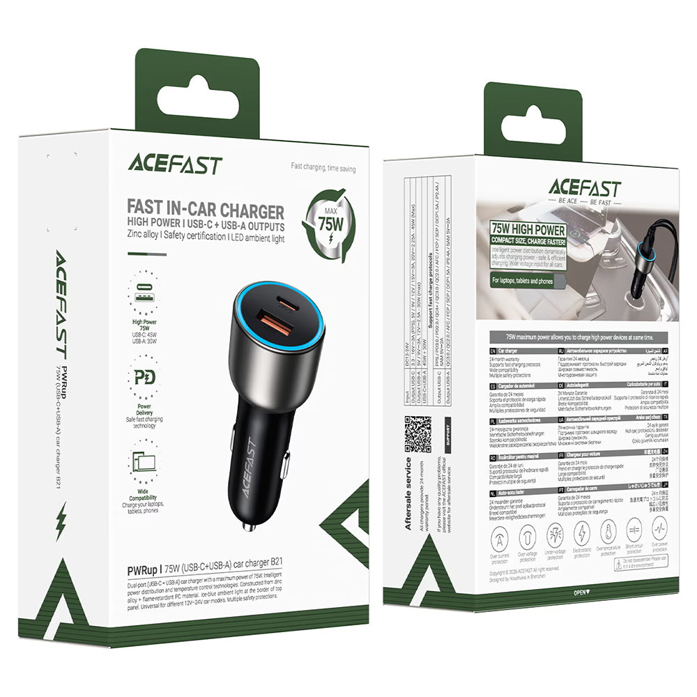 Carregador Automóvel Acefast B21, 75W, 3A, 1 x USB-A - 1 x USB-C, Cinzento
