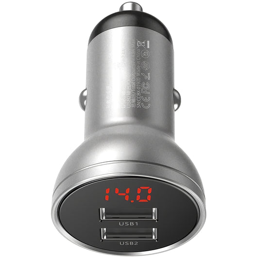 Carregador de automóvel com ecrã digital Baseus, 24 W, 2,4 A, 2 x USB-A, prateado CCBX-0S