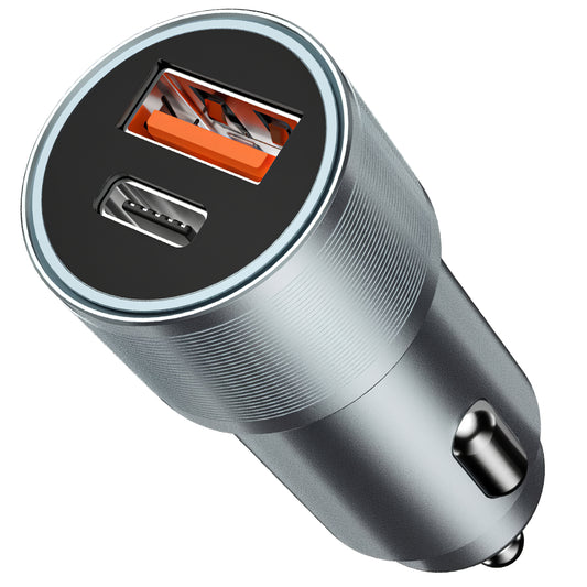Carregador de isqueiro BWOO BO-CC73, 38W, 3A, 1 x USB-A - 1 x USB-C, Prateado