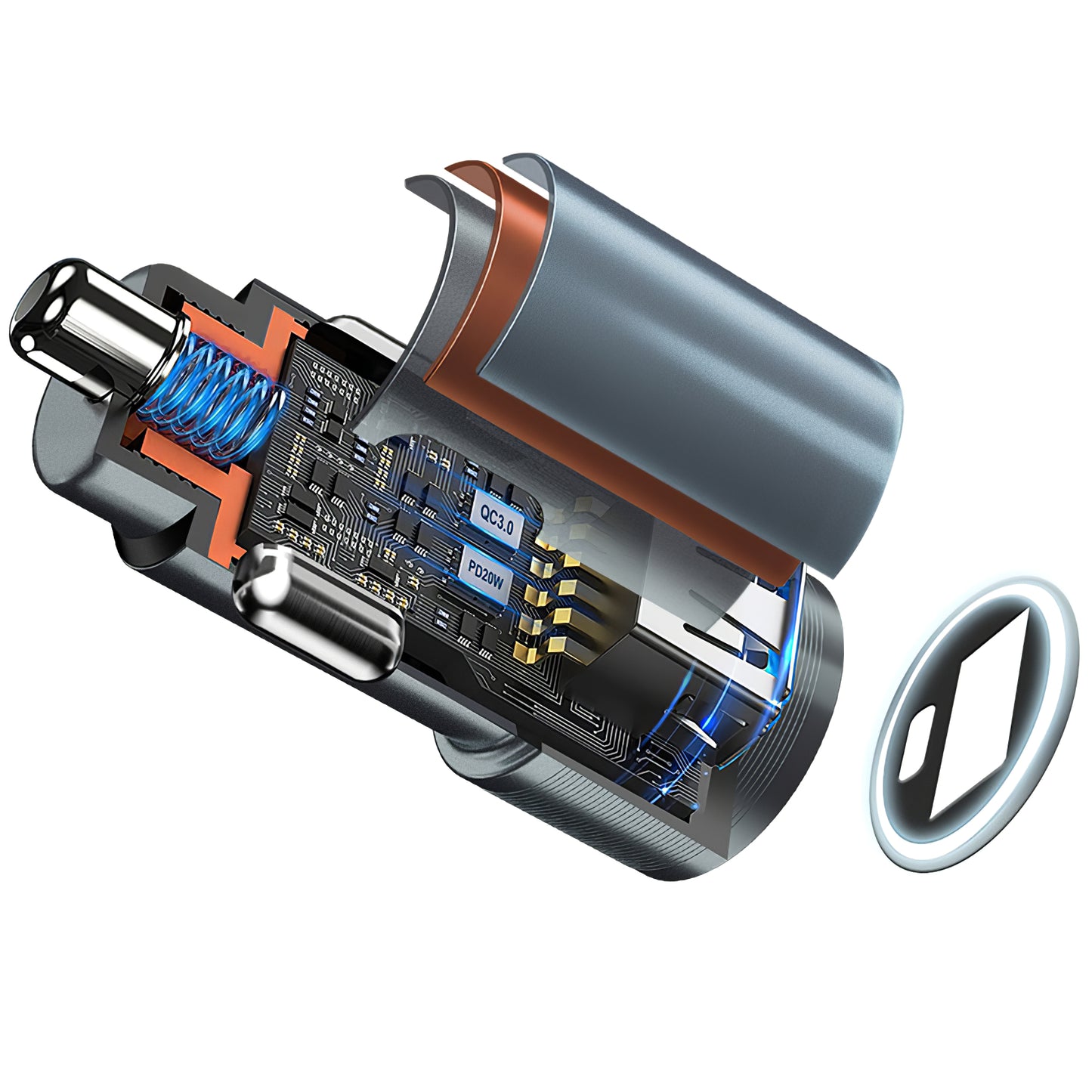 Carregador de isqueiro BWOO BO-CC73, 38W, 3A, 1 x USB-A - 1 x USB-C, Prateado