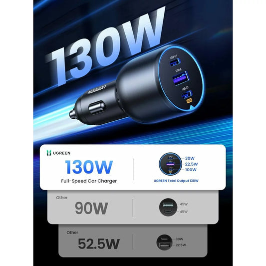 Carregador de isqueiro com cabo USB-C UGREEN CD293, 130W, 5A, 1 x USB-A - 2 x USB-C, preto