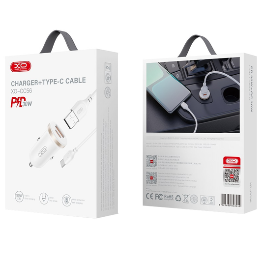 Carregador Automóvel Com Cabo USB-C XO Design CC56, 30W, 3A, 1 x USB-A - 1 x USB-C, Branco