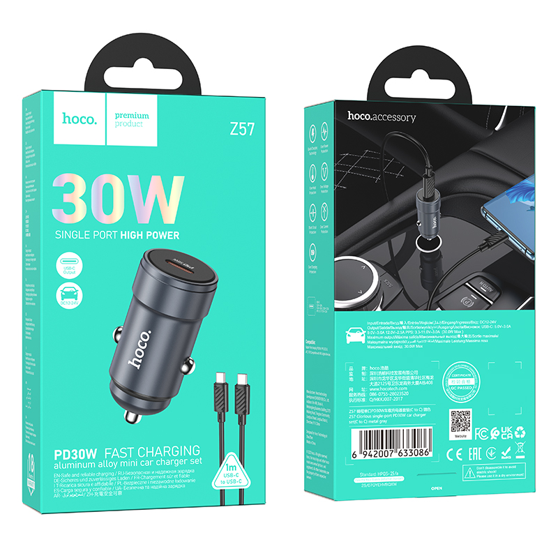 Carregador Automóvel Com Cabo USB-C HOCO Z57, 30W, 3A, 1 x USB-C, Cinzento