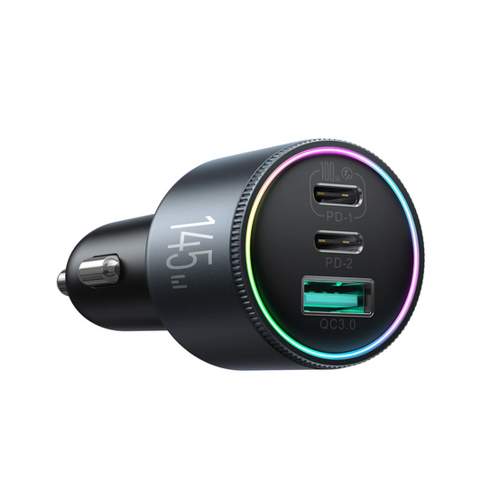 Carregador Automotivo com Cabo USB-C Joyroom JR-CCN07, 145W, 5A, 1 x USB-A - 2 x USB-C, Cinzento