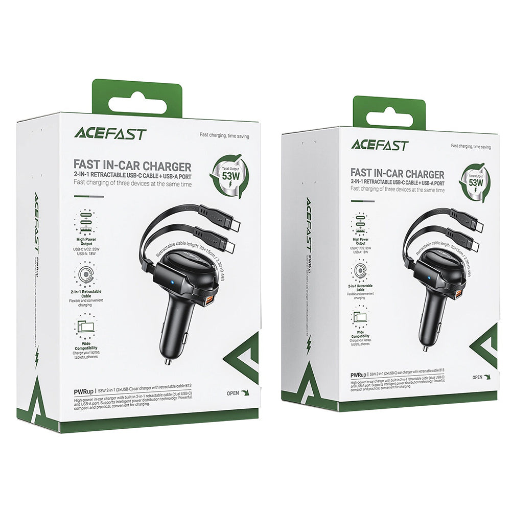 Carregador Auto com Cabo USB-C Acefast B13, 53W, 3A, 1 x USB-A, Preto