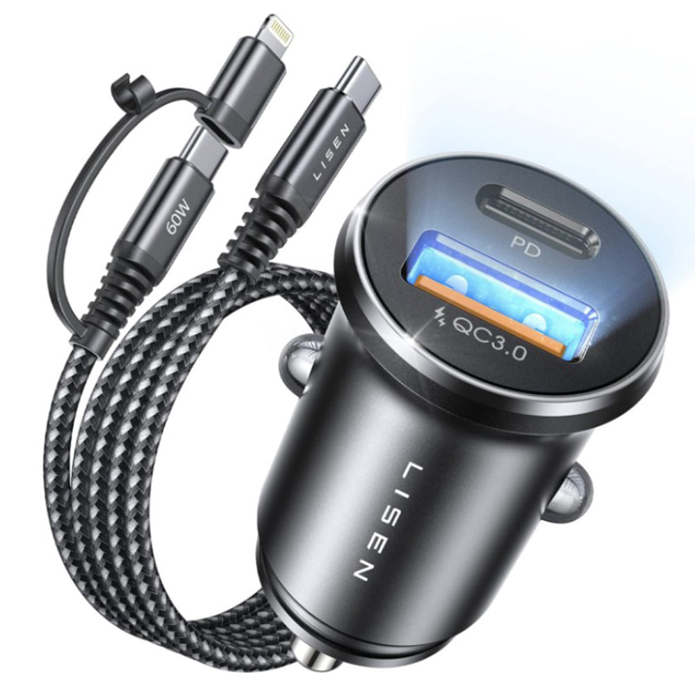 Carregador Auto com Cabo USB-C / Lightning Lisen, 48W, 3A, 1 x USB-A - 1 x USB-C, Preto YL0223080035