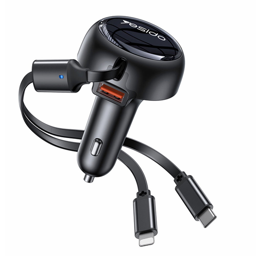 Carregador Automóvel com Cabo USB-C / Lightning Yesido Y61, 53W, 3A, 1 x USB-A, Preto