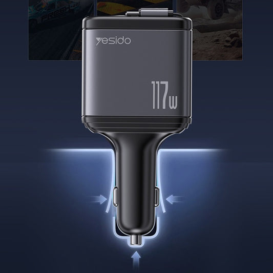 Carregador de Carro com Cabo USB-C / Lightning Yesido Y63 Display, 117W, 3A, 1 x USB-A - 1 x USB-C, Cinzento