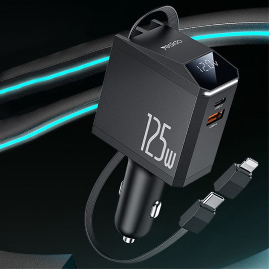 Carregador de Carro com Cabo USB-C / Lightning Yesido Y71 Display, 125W, 3A, 1 x USB-A - 1 x USB-C, Preto