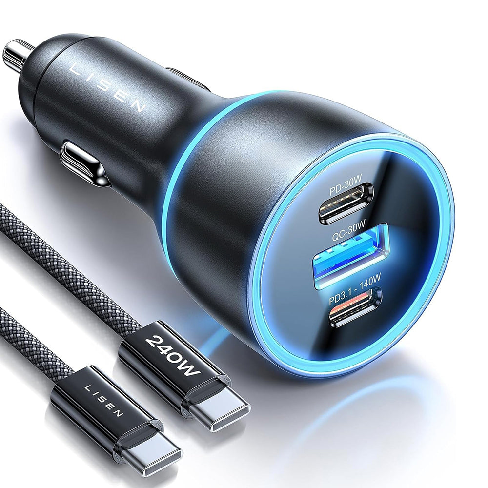 Carregador de Carro com Cabo USB-C Lisen, 170W, 5A, 1 x USB-A - 2 x USB-C, Preto YL0225060006