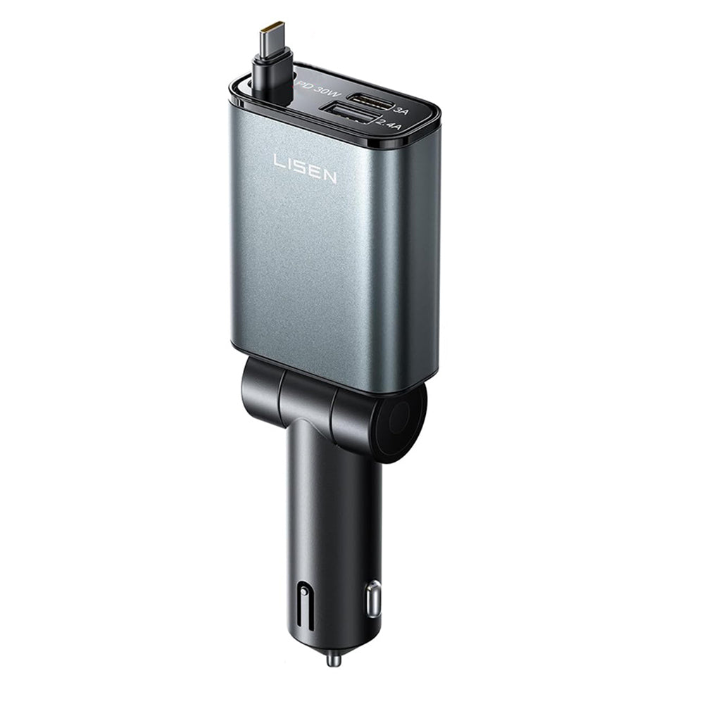 Carregador Automotivo com Cabo USB-C Lisen, 57W, 3A, 1 x USB-A - 1 x USB-C, Preto YL0325010016