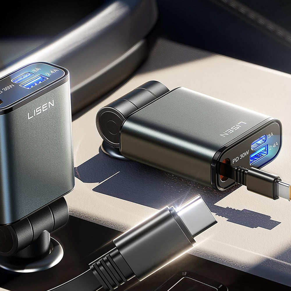 Carregador Automotivo com Cabo USB-C Lisen, 57W, 3A, 1 x USB-A - 1 x USB-C, Preto YL0325010016