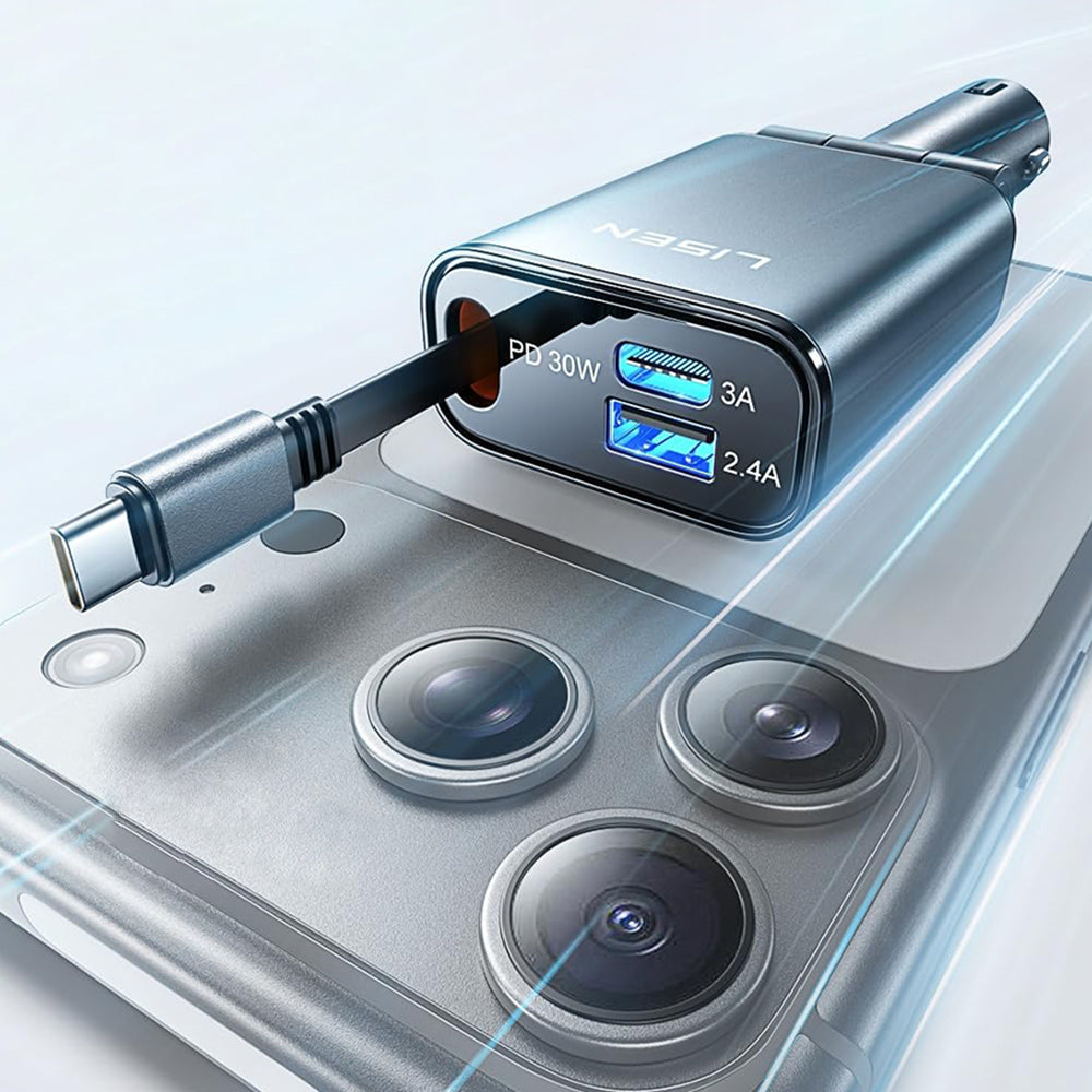 Carregador Automotivo com Cabo USB-C Lisen, 57W, 3A, 1 x USB-A - 1 x USB-C, Preto YL0325010016