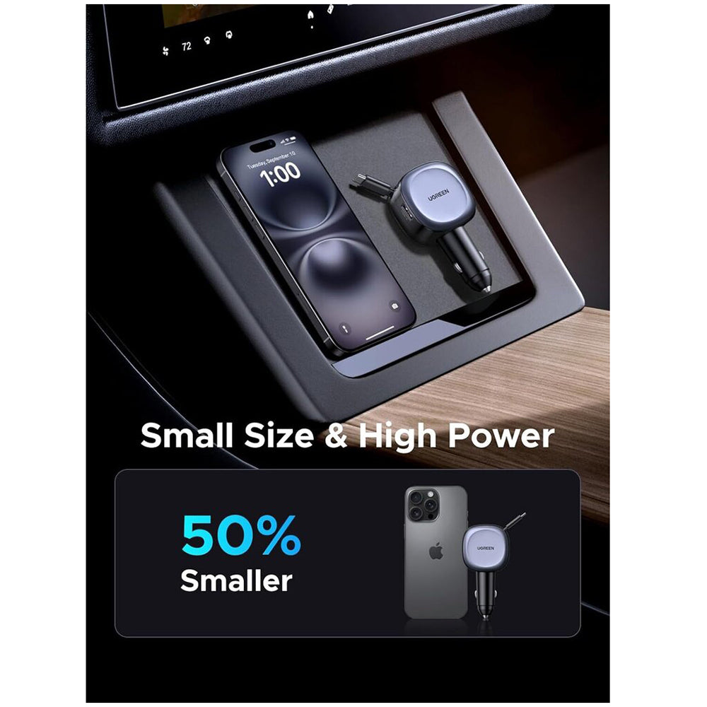 Carregador Automóvel Com Cabo USB-C UGREEN EC601, 75W, 3A, 1 x USB-A - 1 x USB-C, Cinzento