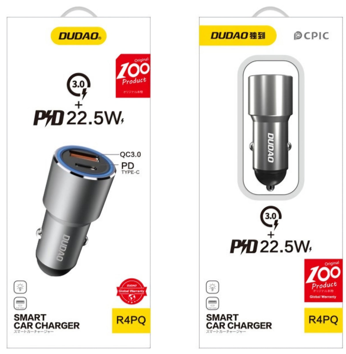 Carregador Automóvel Dudao R4PQ NM, 22.5W, 3A, 1 x USB-A - 1 x USB-C, Cinzento