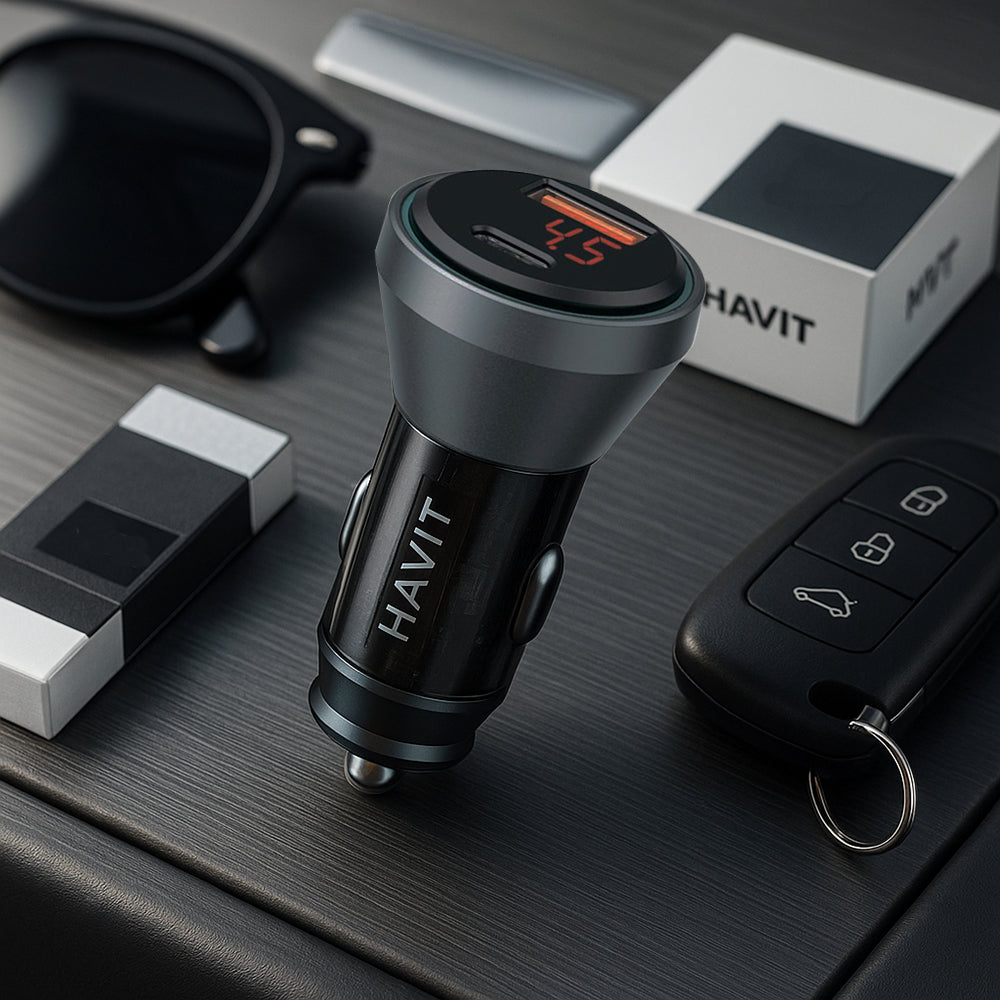 Carregador Auto HAVIT CC2017, 45W, 3A, 1 x USB-A - 1 x USB-C, Preto Azul