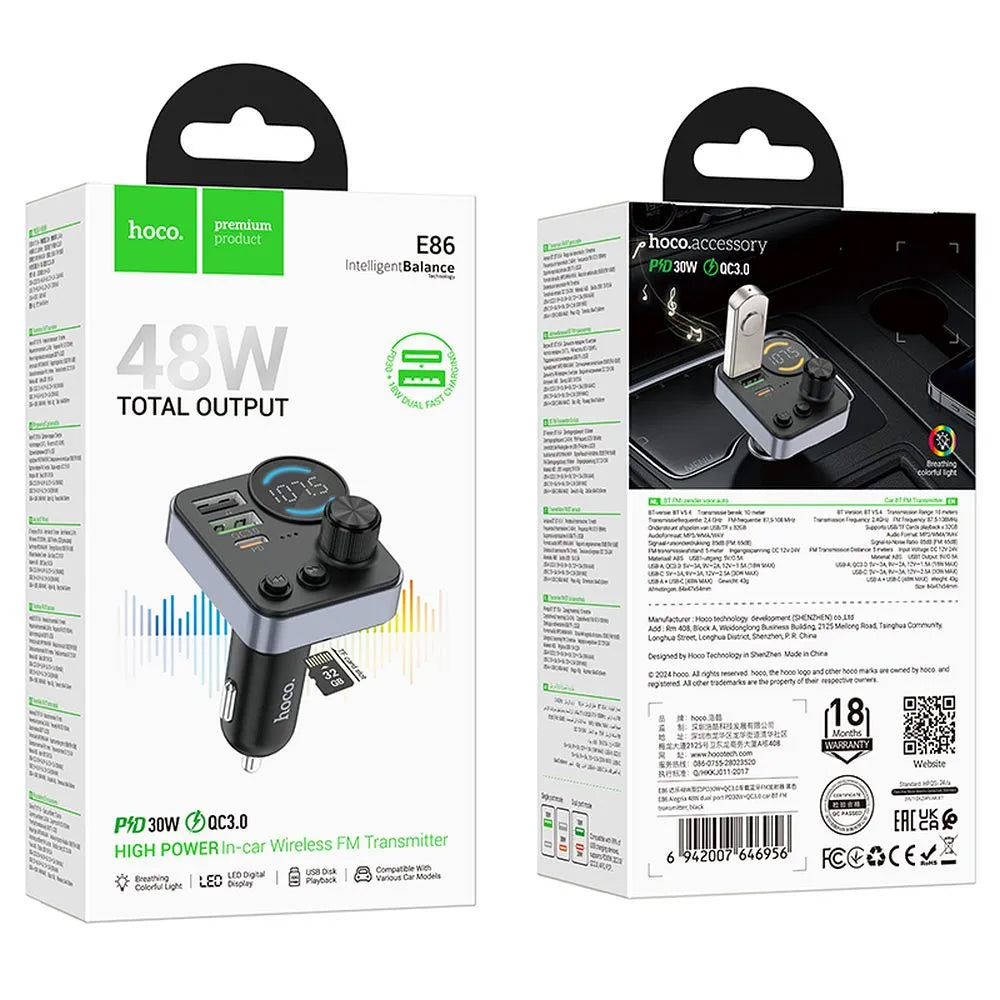 Modulador FM Bluetooth HOCO E86, 2 x USB-A - 1 x USB-C - 1 x microSD