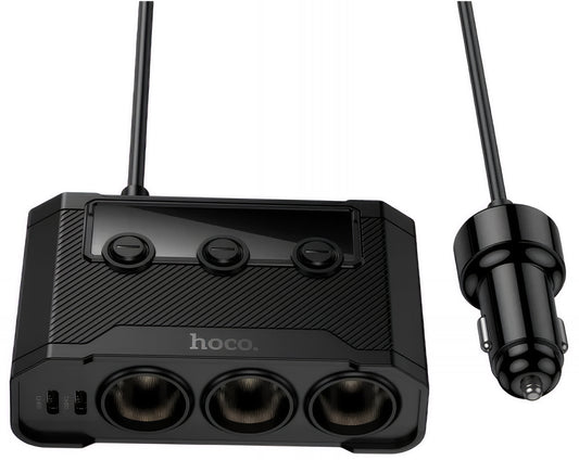 Carregador Auto HOCO Z64, 15.5W, 3.1A, 2 x USB-A - 2 x USB-C - 3 x Extensão Isqueiro, Preto