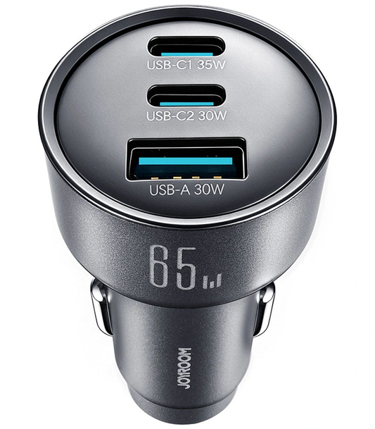 Carregador Automóvel Joyroom JR-CCN19, 65W, 1 x USB-A - 2 x USB-C, Cinzento