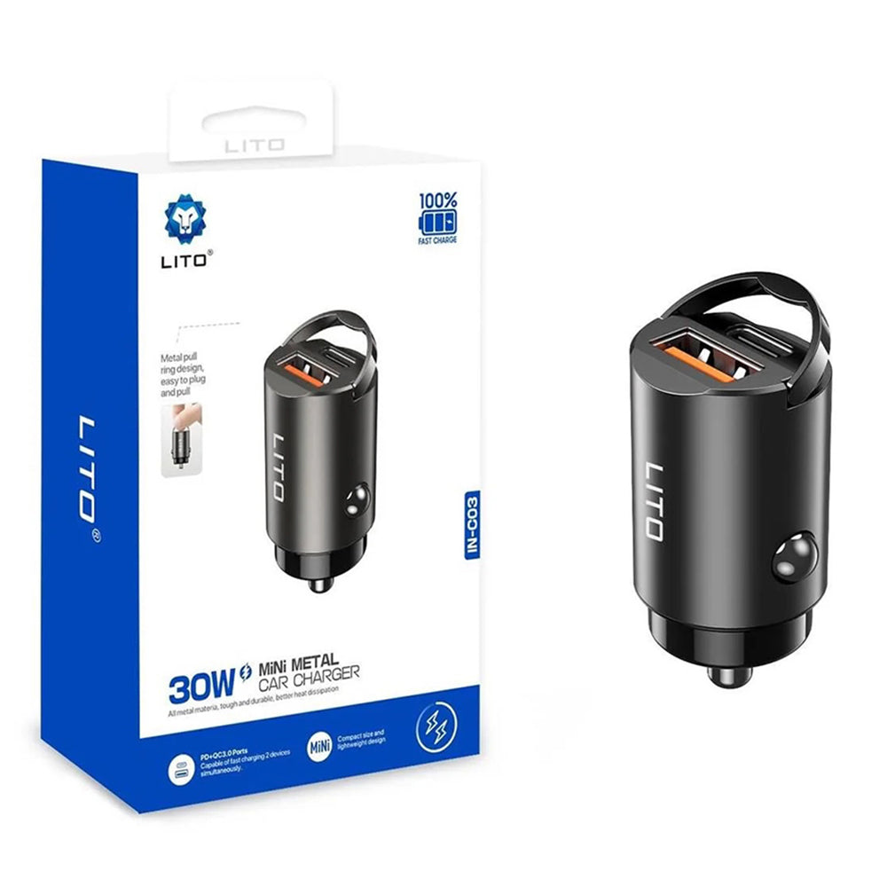 Carregador Auto Lito IN-C03, 30W, 3A, 1 x USB-A - 1 x USB-C, Preto