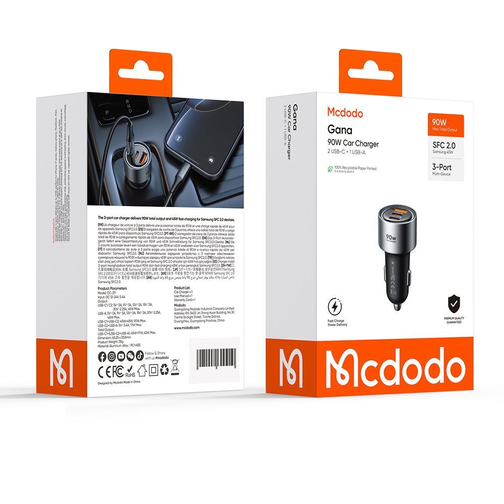 Carregador Automóvel McDodo CC-3110 Gana, 90W, 3A, 1 x USB-A - 2 x USB-C, Preto
