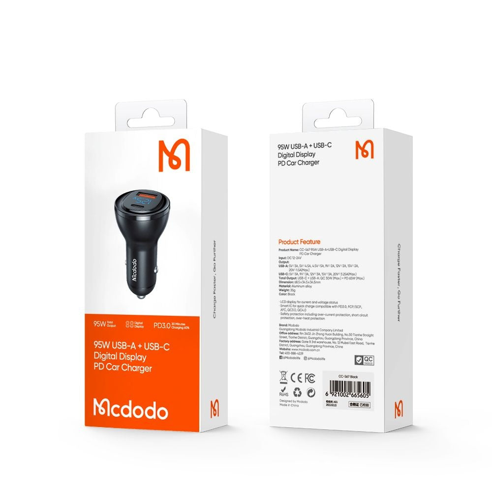 Carregador Auto McDodo CC-5670 Display, 95W, 5A, 1 x USB-A - 1 x USB-C, Preto