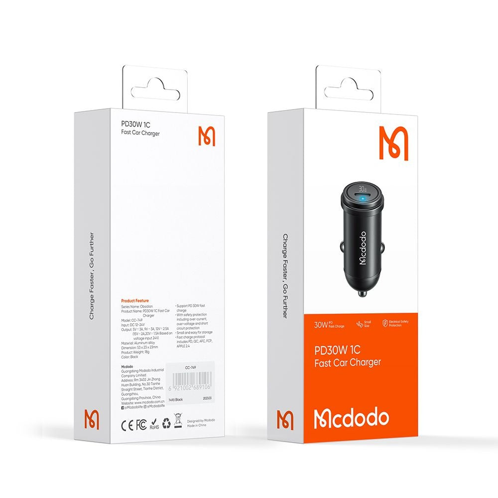 Carregador Auto McDodo CC-7491 Obsidian, 30W, 3A, 1 x USB-C, Preto