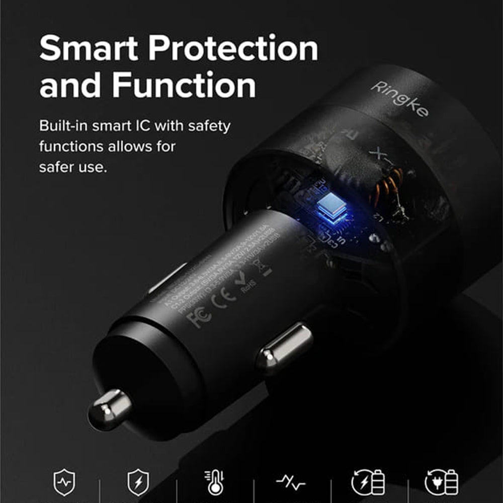 Carregador Auto Ringke, 30W, 3A, 1 x USB-A - 2 x USB-C, Preto