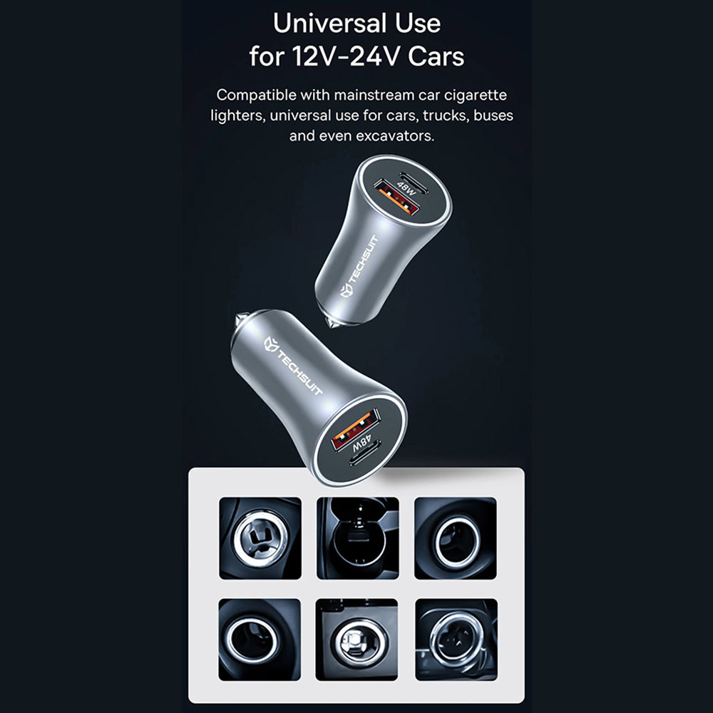 Carregador Auto Techsuit C3 RescueVolt, 48W, 3A, 1 x USB-A - 1 x USB-C, Cinzento