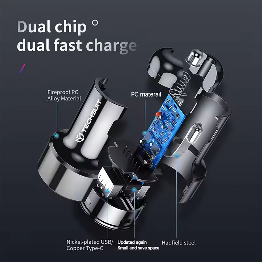 Carregador Auto Techsuit TE-P31 Premium, 48W, 3A, 1 x USB-A - 1 x USB-C, Preto