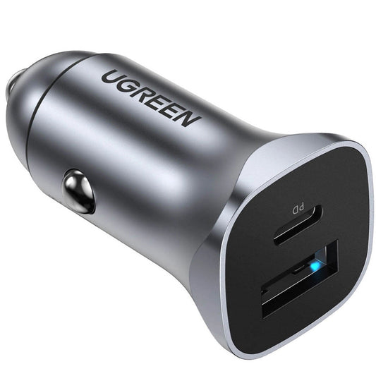 Carregador de isqueiro UGREEN CD130, 30W, 3A, 1 x USB-A - 1 x USB-C, cinzento