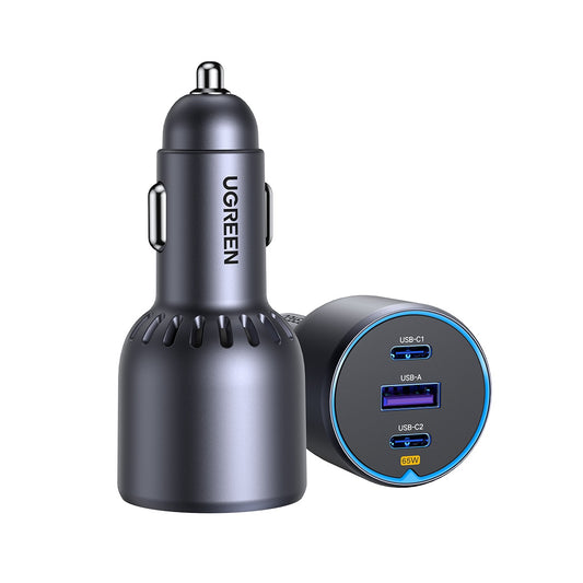 Carregador de isqueiro UGREEN EC703, 75W, 3.25A, 1 x USB-A - 2 x USB-C, Preto