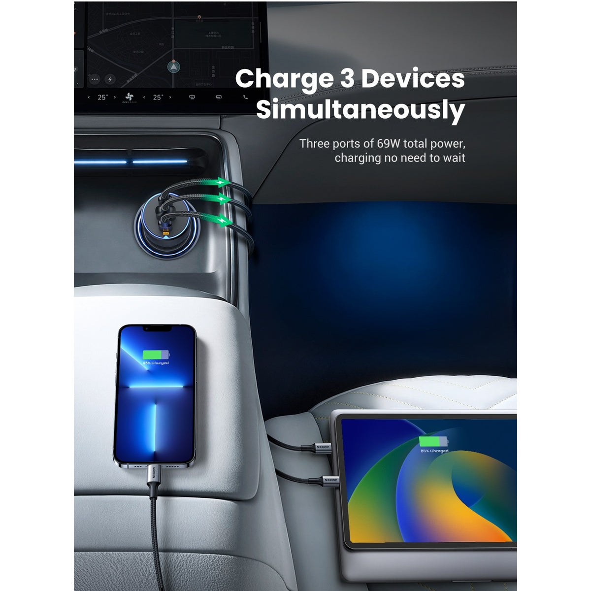 Carregador Auto UGREEN EC703, 75W, 3.25A, 1 x USB-A - 2 x USB-C, Preto