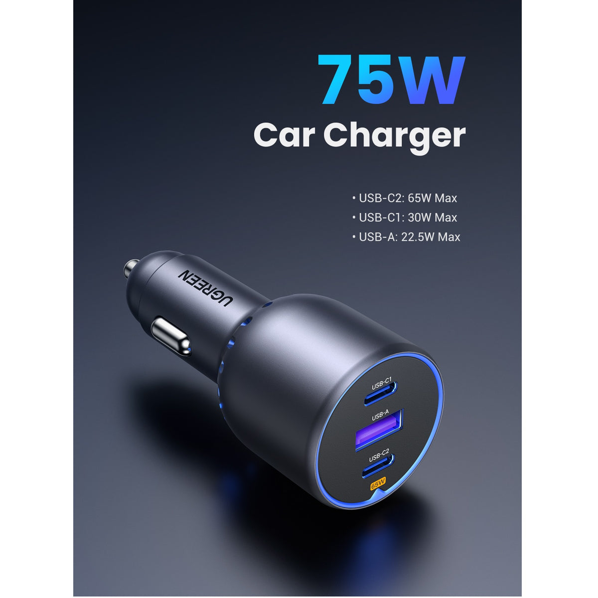 Carregador Auto UGREEN EC703, 75W, 3.25A, 1 x USB-A - 2 x USB-C, Preto