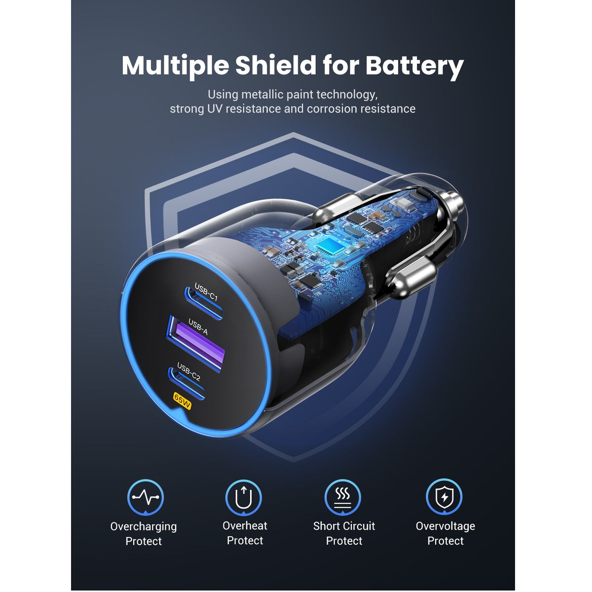 Carregador Auto UGREEN EC703, 75W, 3.25A, 1 x USB-A - 2 x USB-C, Preto