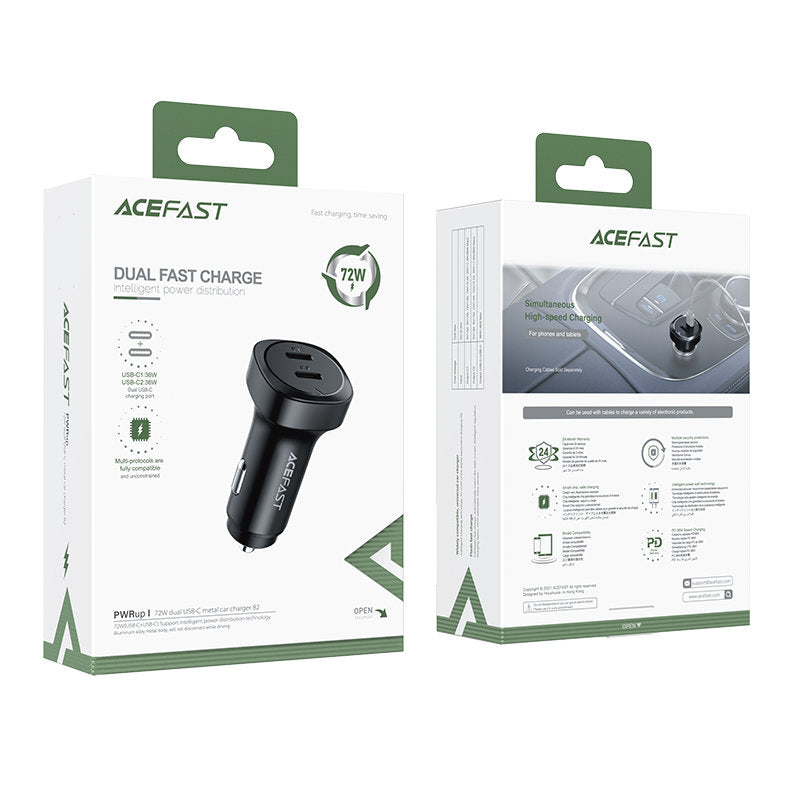 Carregador Auto Acefast B2, 72W, 3A, 2 x USB-C, Preto