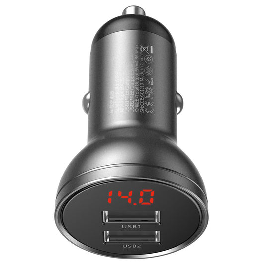 Carregador de automóvel com ecrã digital Baseus, 24 W, 2,4 A, 2 x USB-A, cinzento CCBX-0G