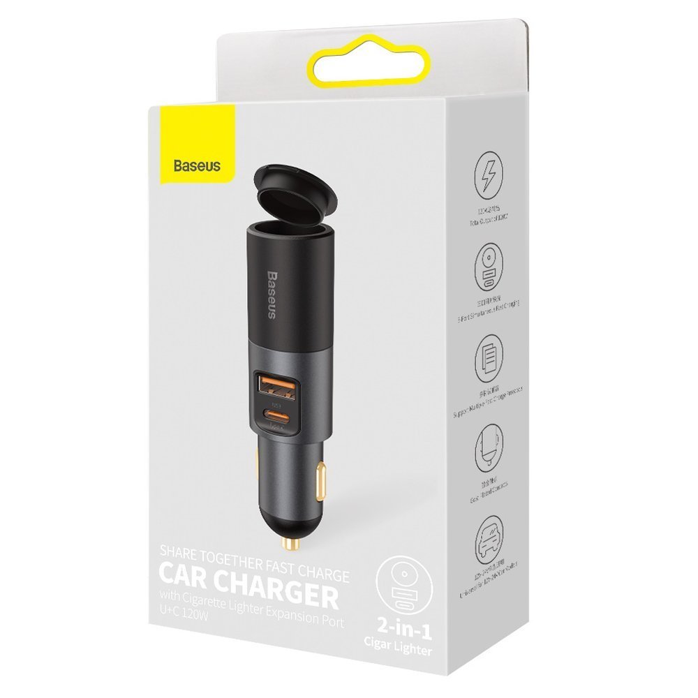 Carregador Auto Baseus Share Together, 120W, 3A, 1 x USB-A - 1 x USB-C - 1 x Extensão Isqueiro, Cinzento CCBT-C0G