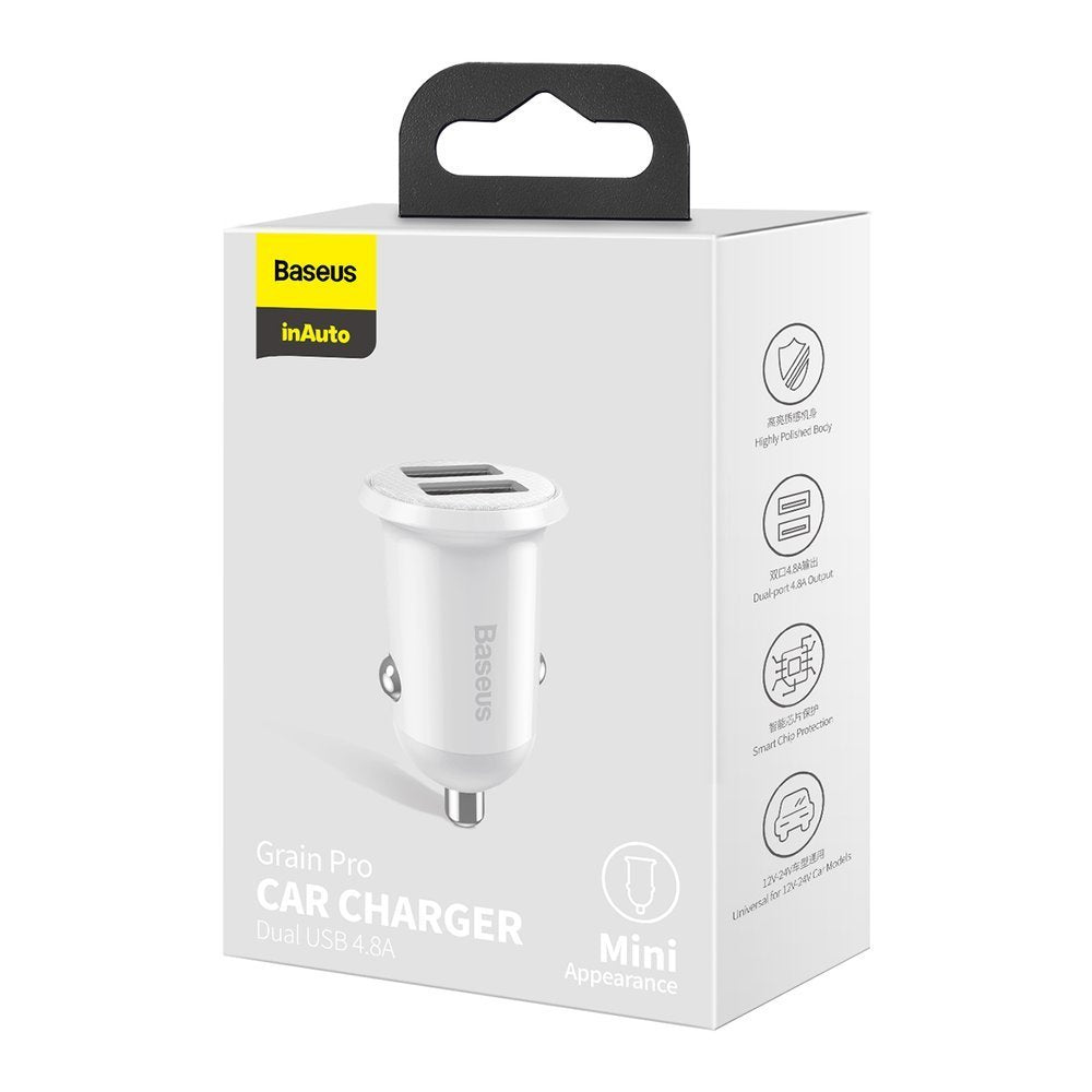 Carregador de isqueiro Baseus Grain Pro, 24 W, 2,4 A, 2 x USB-A, branco CCALLP-02