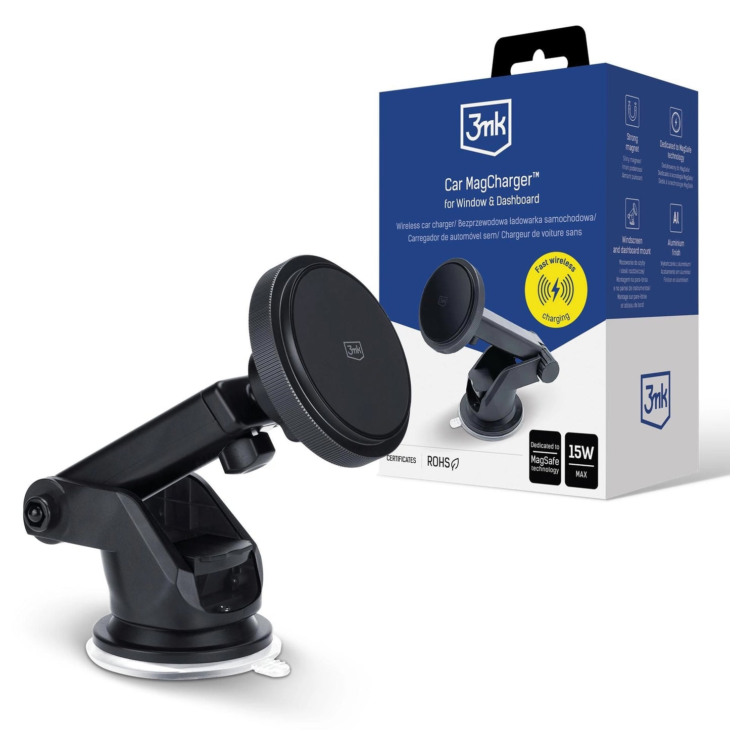 Carregador Auto Wireless 3MK MagCharger, 15W, 1.67A, Preto
