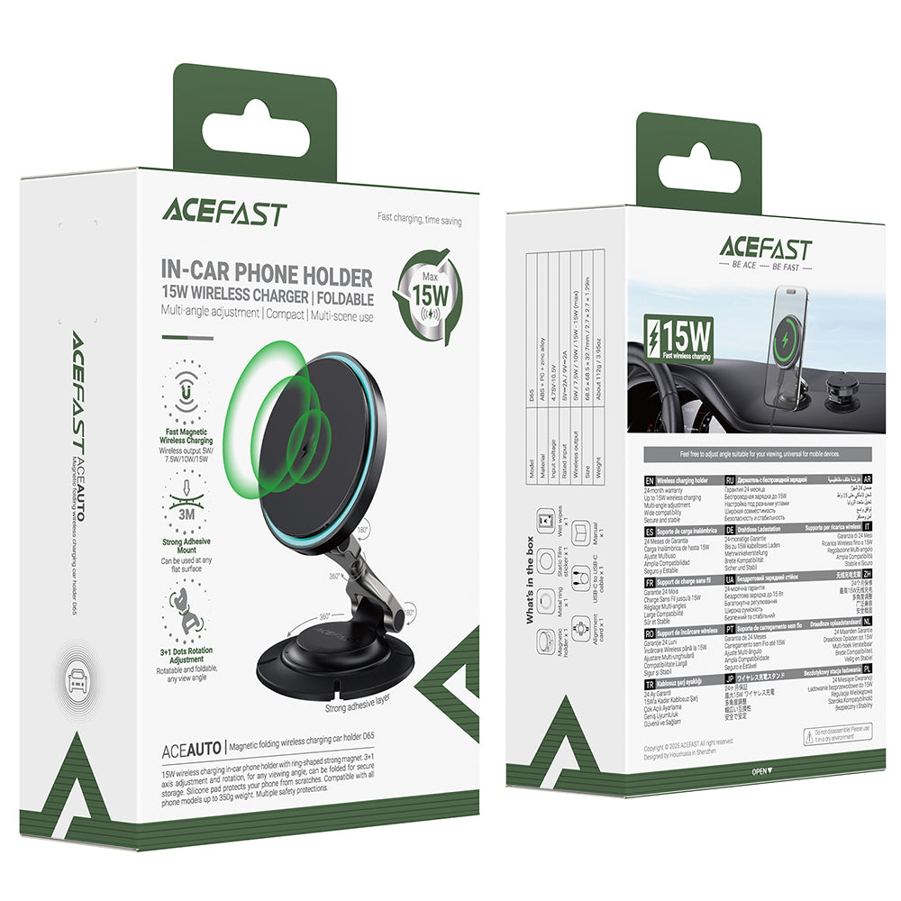 Carregador Auto Wireless Acefast D65, 15W, 1.67A, Preto
