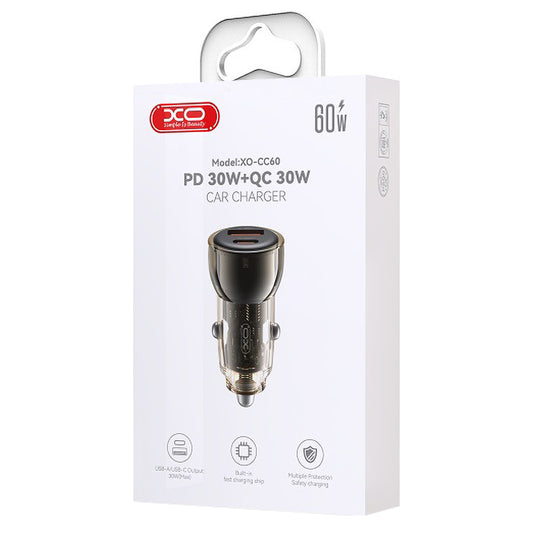 Carregador de isqueiro XO Design CC60, 60W, 3A, 1 x USB-A - 1 x USB-C, preto