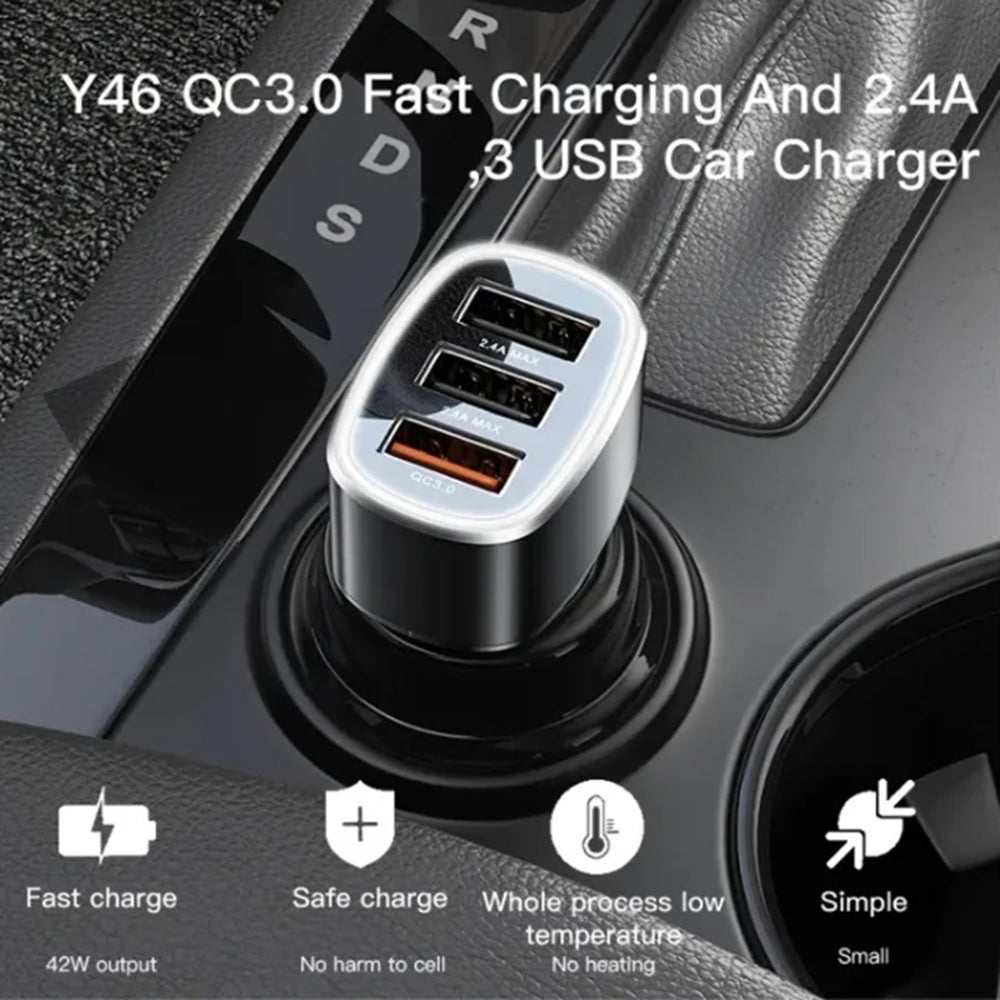 Carregador Auto Yesido Y46, 42W, 3A, 3 x USB-A, Preto